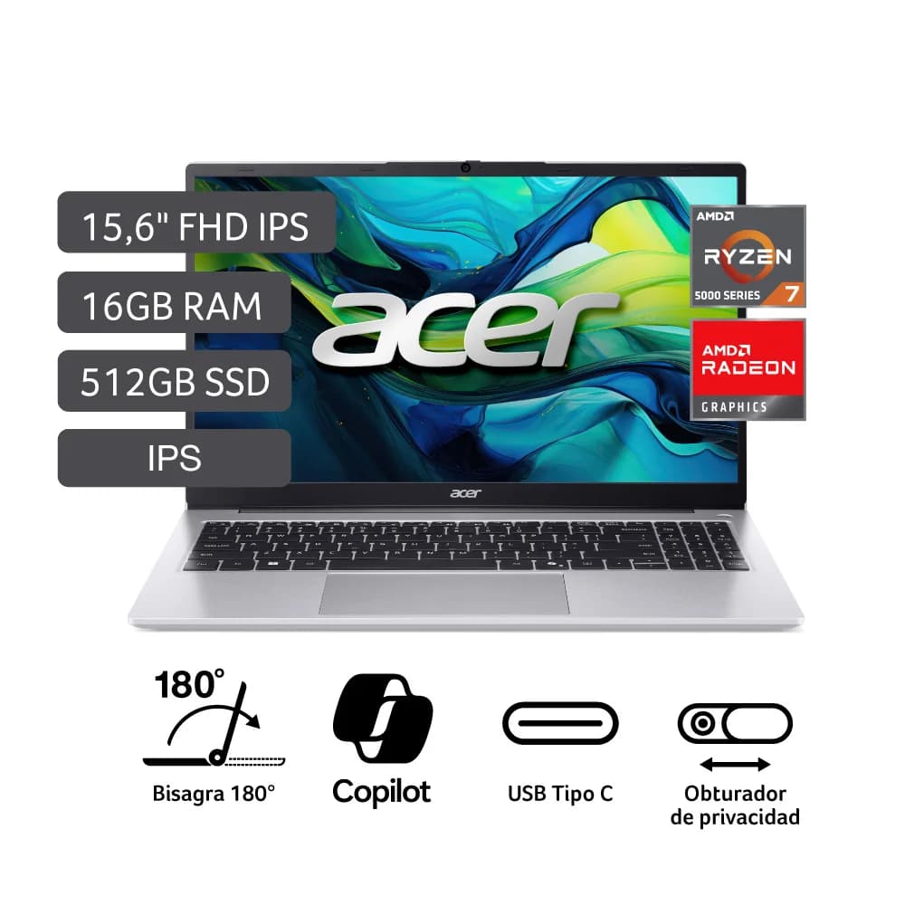 LAPTOP ACER ASPIRE 3 A315-44P-R7GS RYZEN 7-5700U 16GB 512GB SSD 15.6" FHD REF B