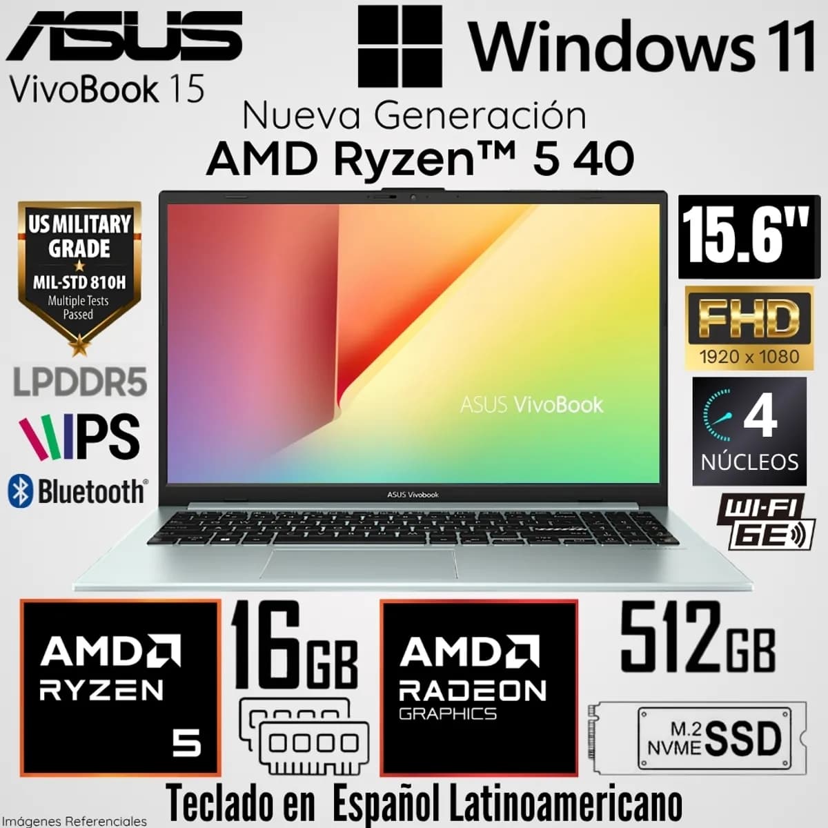 LAPTOP ASUS E1504FA, AMD RYZEN 5- 40, 16GB DDR5, 512GB, 15.6" FHD VERDE