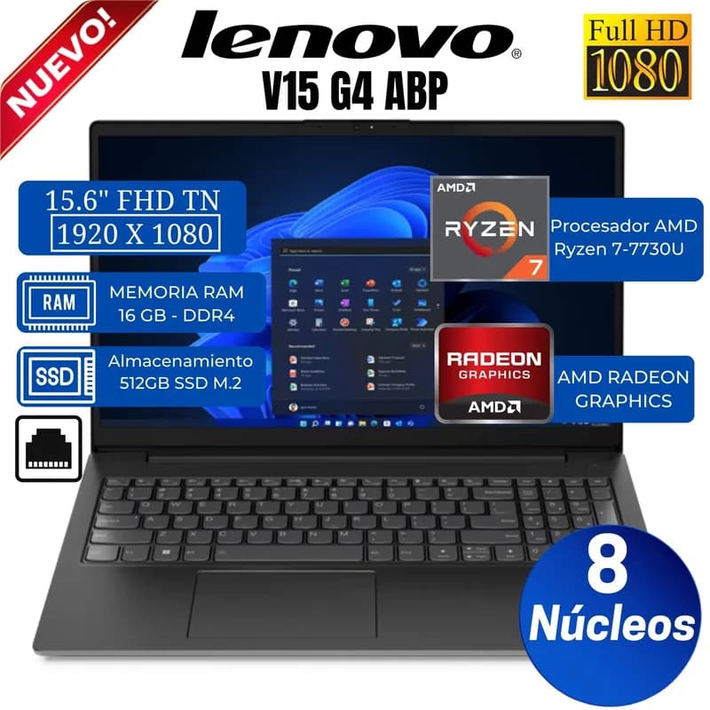 LAPTOP LENOVO V15 G4, AMD RYZEN 7-7730U 4.5 GHZ 16GB RAM DDR4 512GB SSD P, 15.6 PULGADAS FHD