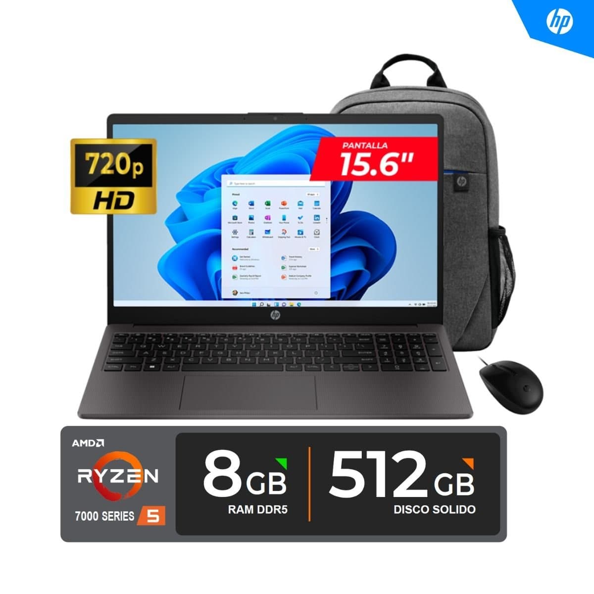 LAPTOP HP 255 G10 RYZEN 5-7520U, 8GB DDR5, 512GB SSD, 15.6" HD