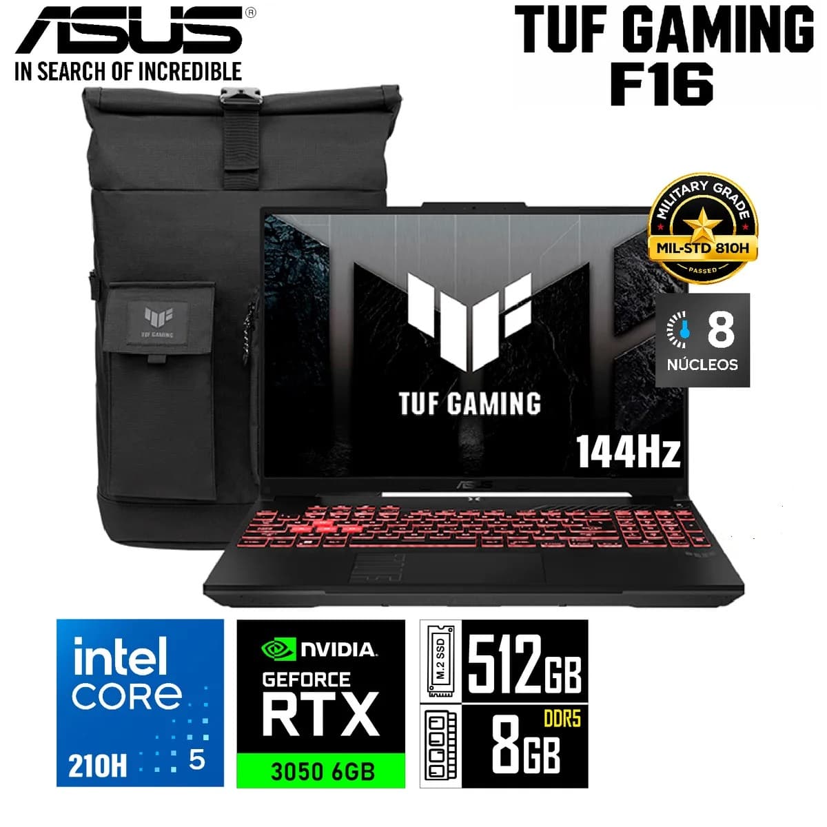 LAPTOP GAMER ASUS TUF F16 FX607VJ CORE I5 210H 16" 8GB RAM 512GB SSD RTX 3050