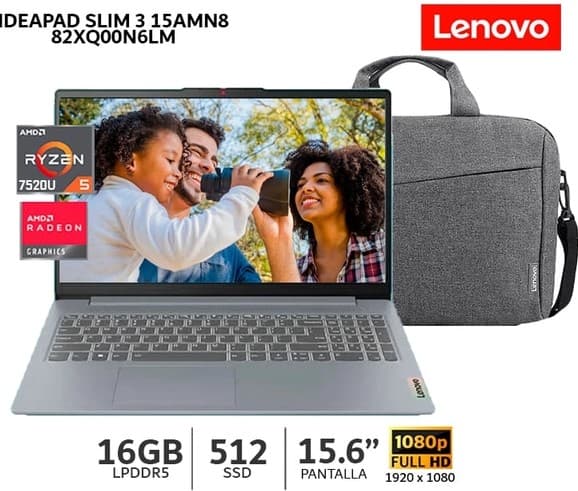 LENOVO IDEAPAD SLIM 3 RYZEN 5-7520U, 16GB DDR5, SSD 512GB, 15.6" FHD