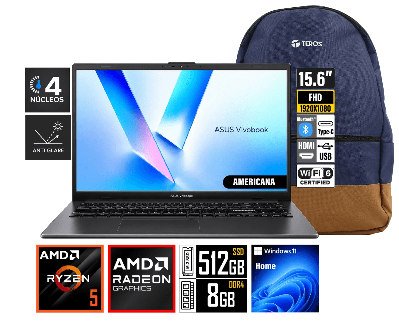 ASUS VIVOBOOK GO E1504FA-WS51 AMD RYZEN™ 5 40 512GB SSD 8GB DDR4 AMD RADEON 15.6" FHD NUEVO INGLES