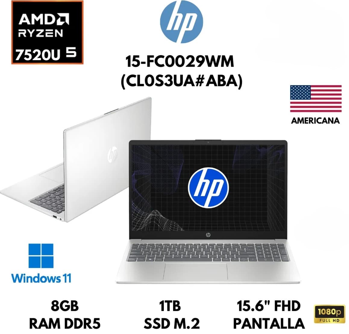 LAPTOP HP 15-FC0029WM AMD R5 7520U 8GB RAM DRR5 1TB SSD PANTALLA 15.6" FHD TACTIL REF