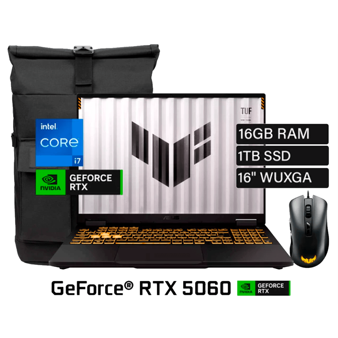 LAPTOP ASUS TUF F16, CORE i7 14650HX 16GB DDR5 512GB NVMe 4.0 RTX5060 8GB 16FHD MOCHILA+MOUSE