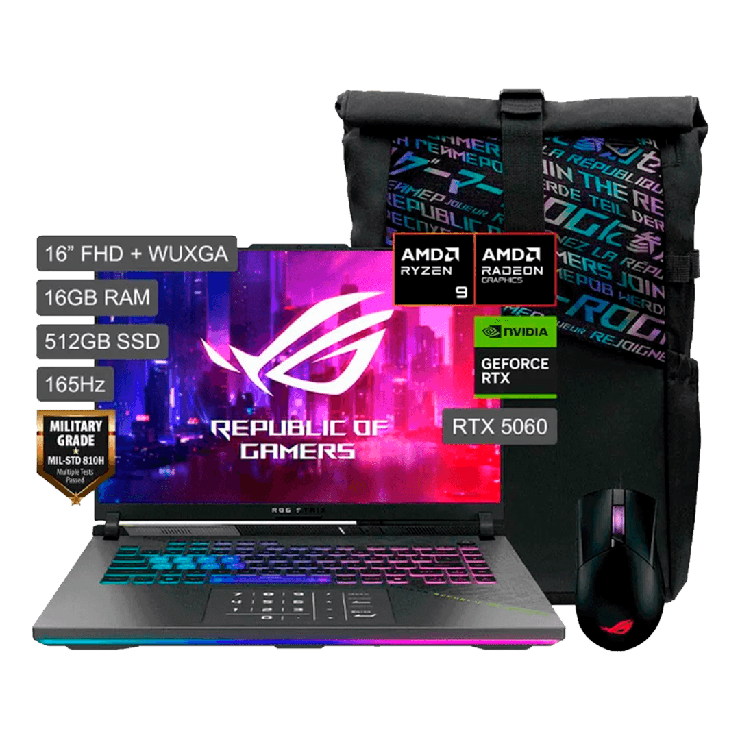 LAPTOP ASUS ESP ROG STRIX G16 RYZEN 9 8940Hx 16GB D5 512GB NVMe RTX5060 8GB 16FHD IPS 165HZ W11 VOLT GREEN + MOCHILA+MOUSE